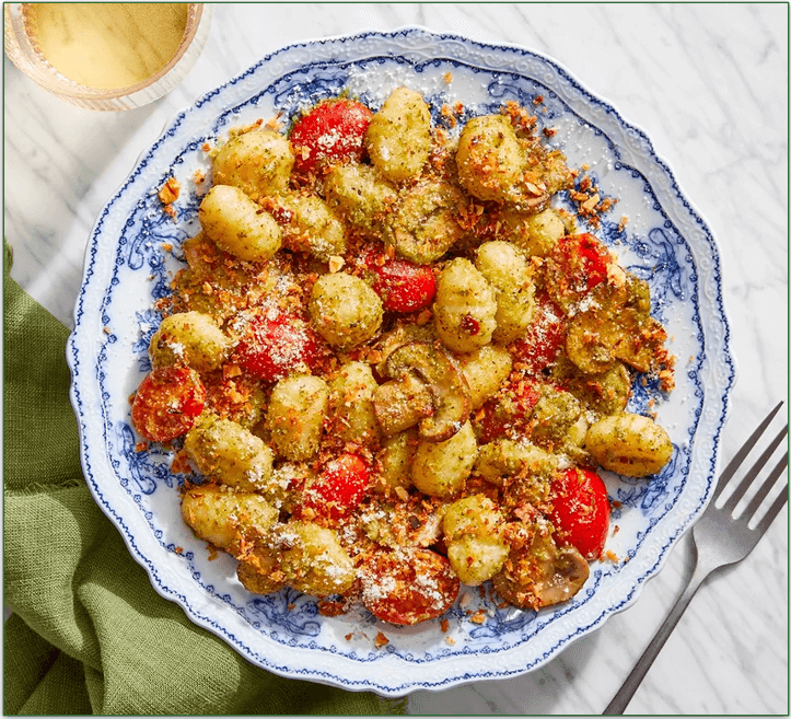 Blue Apron's Pesto Gnocchi with Mushrooms & Almond Breadcrumbs