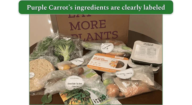 Purple Carrot delivery box with labeled ingredients