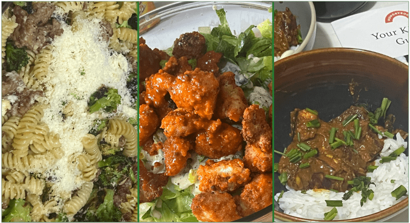 Three Hungryroot dishes side-by-side: Sausage Broccoli Pasta, Buffalo Chicken Salad, and Paneer Tikka Masala