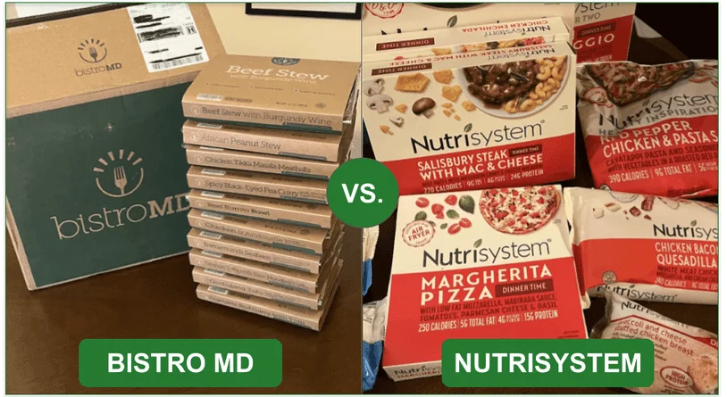 Comparison image of BistroMD and Nutrisystem's deliveries set out on a table