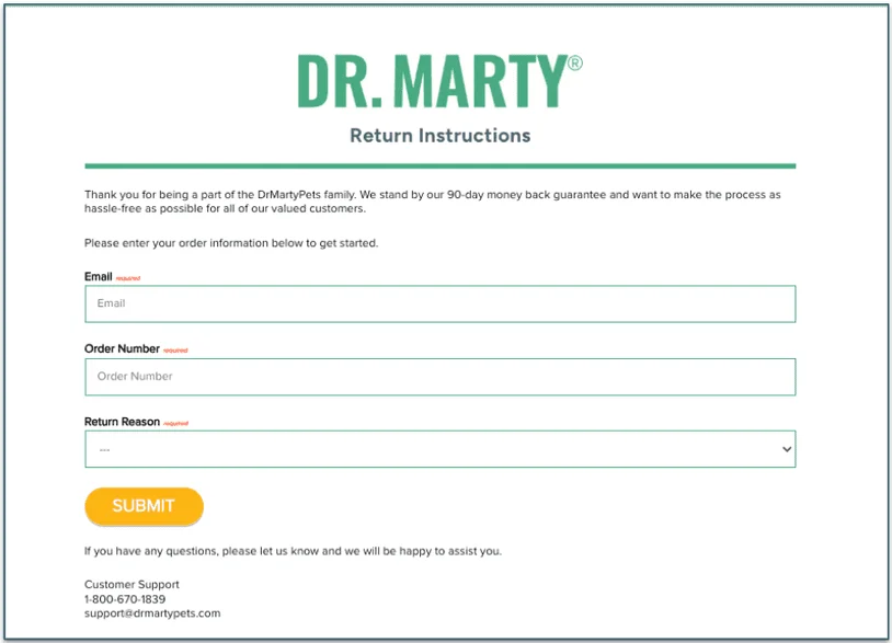 Returns form on Dr Marty Pets
