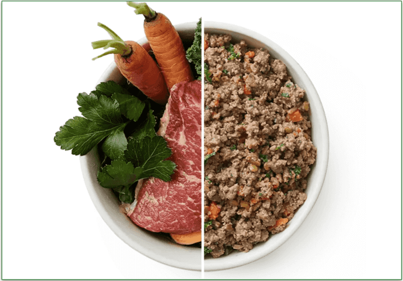  Fresh ingredients side by side with the final product in The Farmer's Dog Beef Recipe  