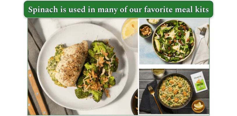 3 images of spinach used in meal kits. Large image on left shows One-Sheet Cheesy Spinach Stuffed Chicken (Home Chef). Top right image shows Bacon, Apple, and Cheddar Spinach Salad (HelloFresh). Bottom right image shows Lombardy-Style Shrimp and Spinach Risotto (HelloFresh)