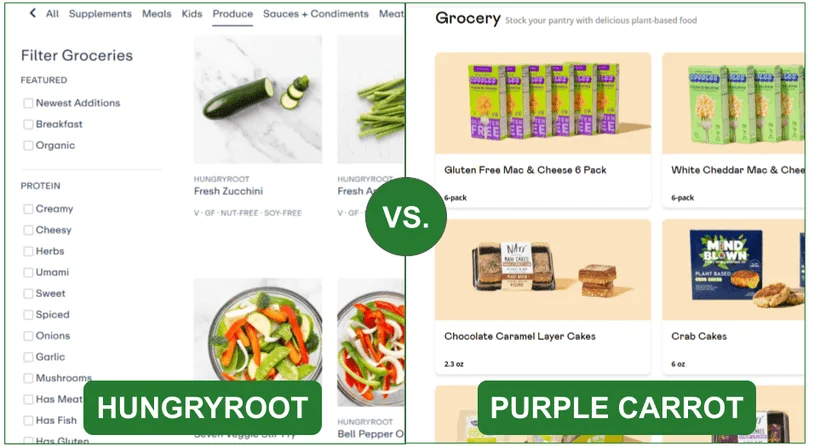 Comparison image of Hungryroot and Purple Carrot's grocery items