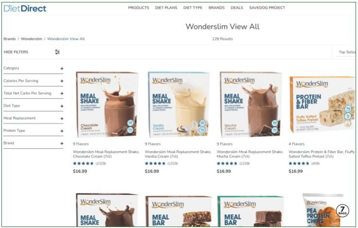 Screeshot of Wonderslim products and prices