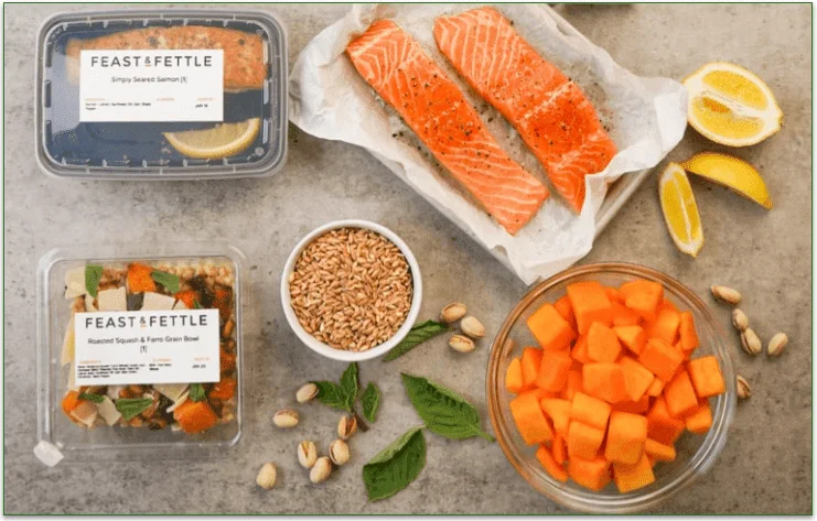 Feast and Fettle meals in packaging next to the fresh ingredients included in the meals