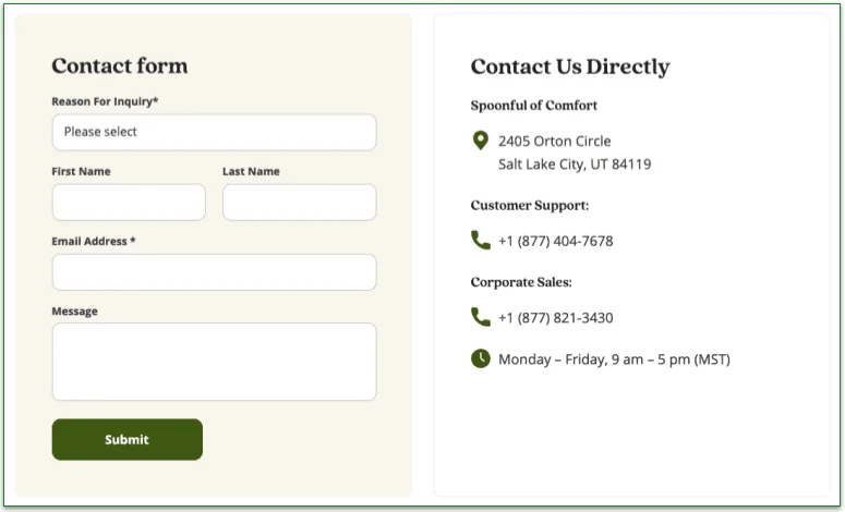 Screenshot from Spoonful of Comfort's Contact page