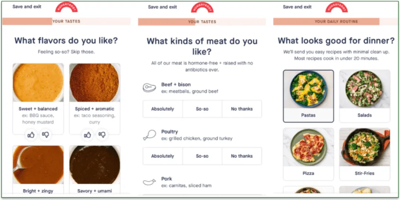 Screenshots of Hungryroots signup questionnaire