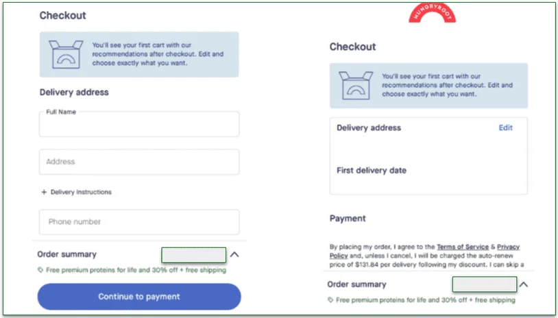 Address and payment screens