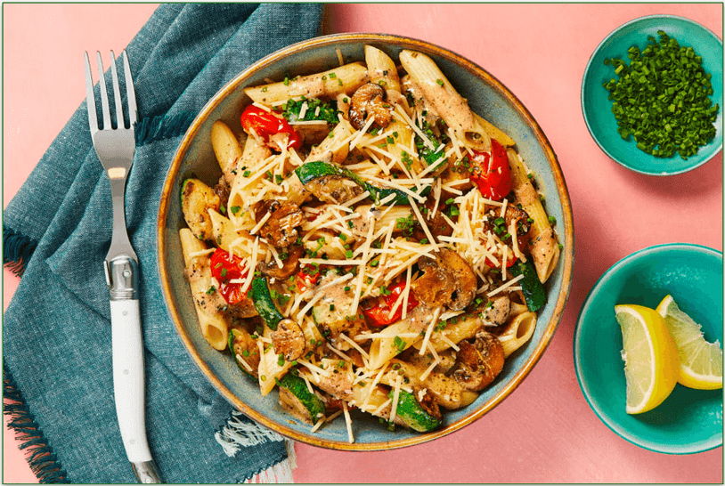 HelloFresh's Silky Sicilian Shrimp Penne tossed with Mushrooms, Zucchini & Tomatoes