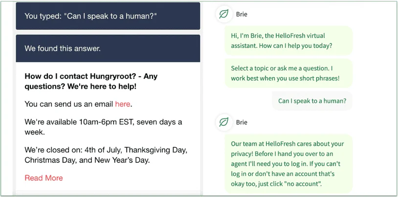 Screenshots of chatbot interactions with Hungryroot and HelloFresh. Only HelloFresh gives the option to speak to a real person.