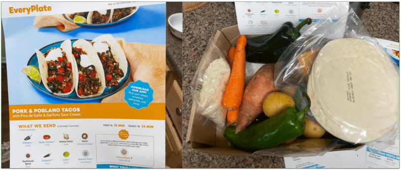 EveryPlate recipe card and open box with ingredients