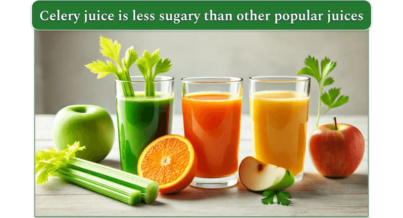 Celery juice (left) in a glass next to apple juice (center) and orange juice (right)
