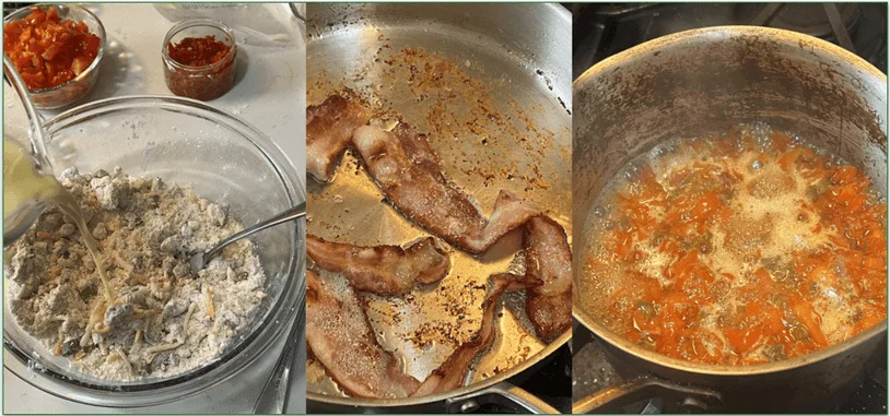 Photo compilation of 3 images - making the scone mix, frying bacon, and boiling pepper jelly