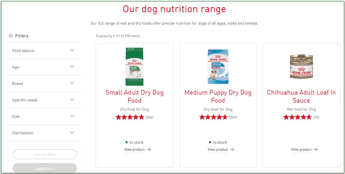 Screenshot of Royal Canin's dog pet food range