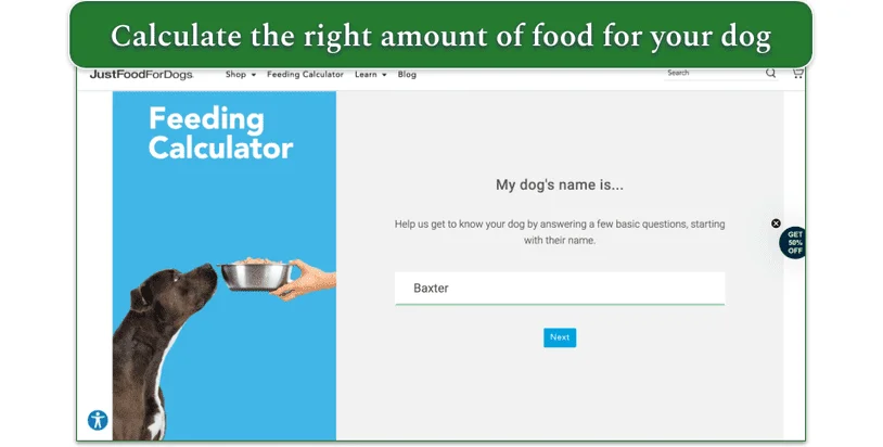 Screenshot of the first page of JustFoodForDog’s feeding calculator