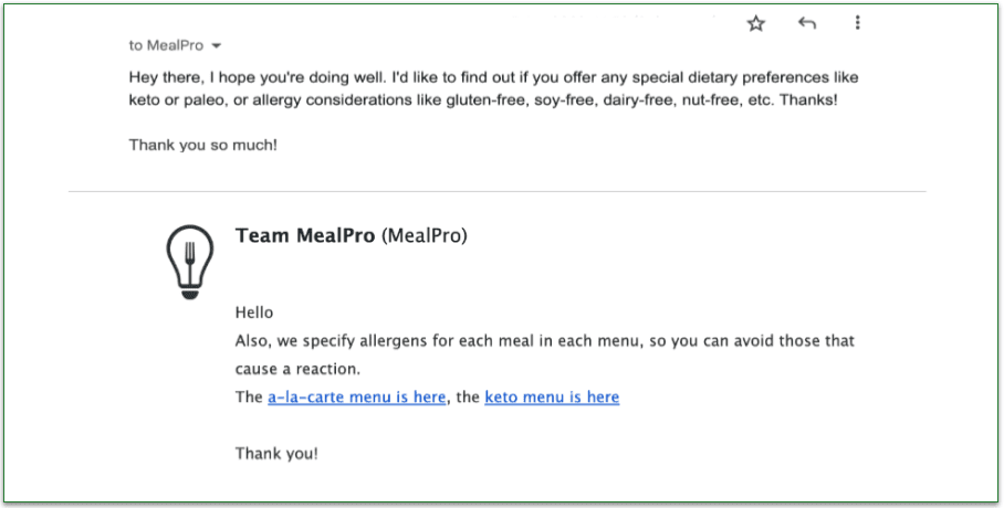 a screenshot of mealpro's email support