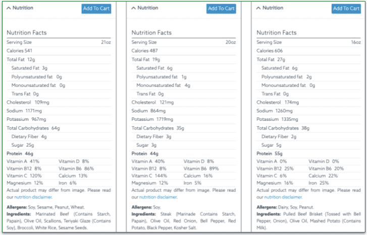 a screenshot of mealpro's nutrition and allergy information