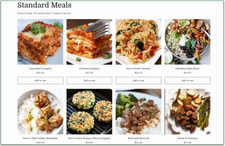Menu of Standard Meals with images and costs