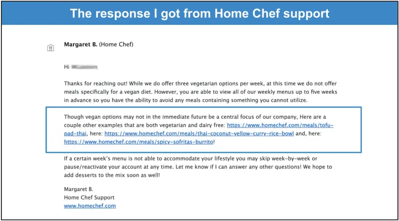Screenshot of a Home Chef customer support email response