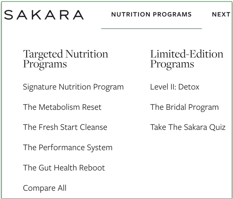 a screenshot of sakara's nutrition plan selection screen