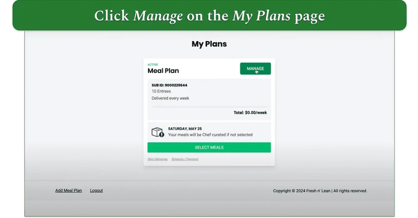 Screenshot of the My Plans section of the Fresh N Lean Website