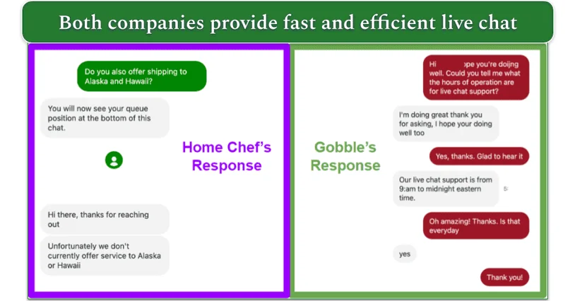 a screenshot of both home chef and gobble live chat support