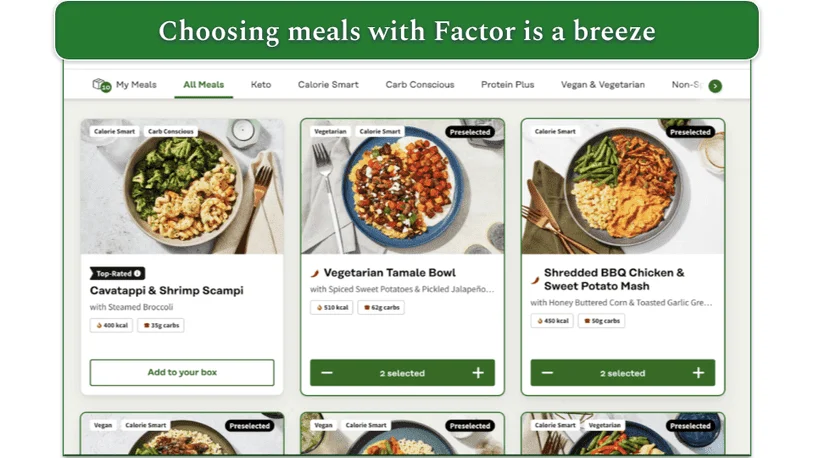 Factor's meal selection screen
