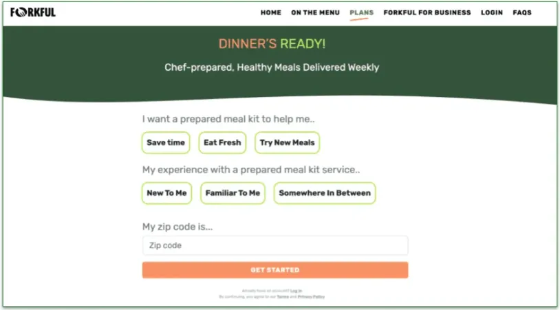 screengrab of forkful's get started sign up page