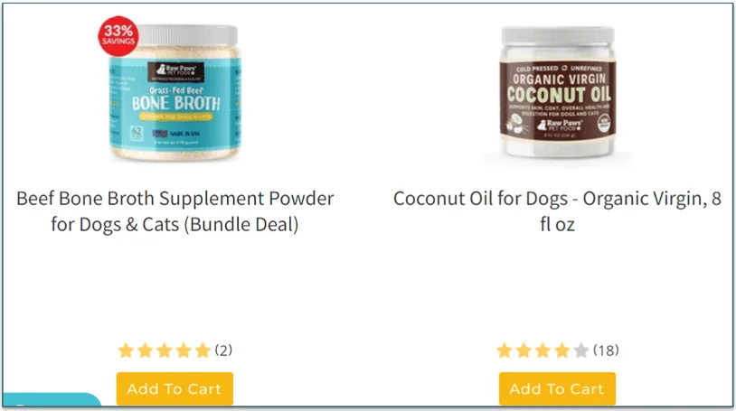 A few Raw Paws Pet Food's supplements