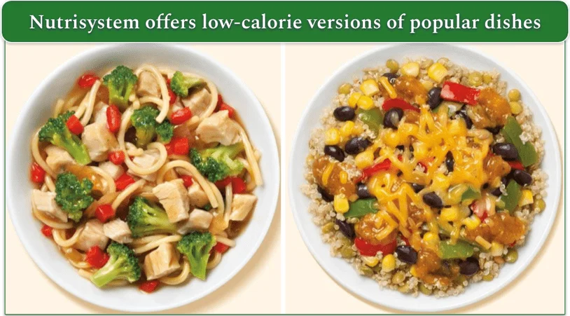 Two stock photos of Nutrisystem's Teriyaki Chicken with Noodles and Mango Verde Chicken dishes