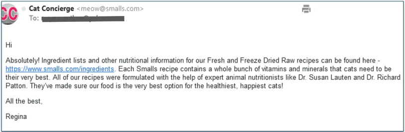 The email response I got back from Smalls