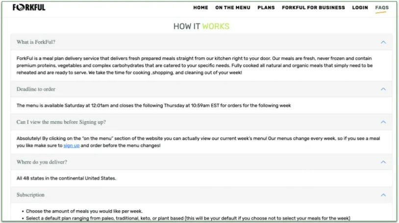 screengrab of forkful's FAQ page