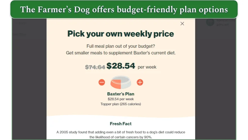 Screenshot of The Farmer's Dog budget plan pricing options