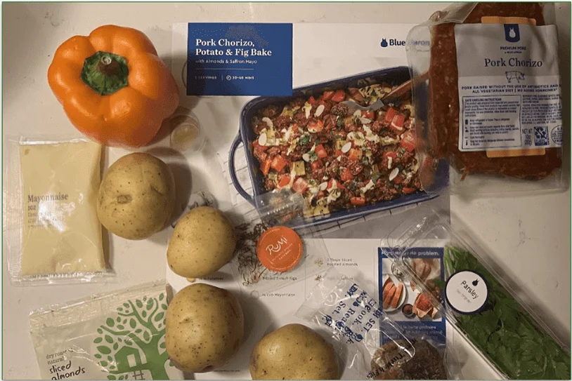 Photo of the ingredients and recipe card for Blue Apron's Pork Chorizo, Potato & Fig Bake meal kit recipe