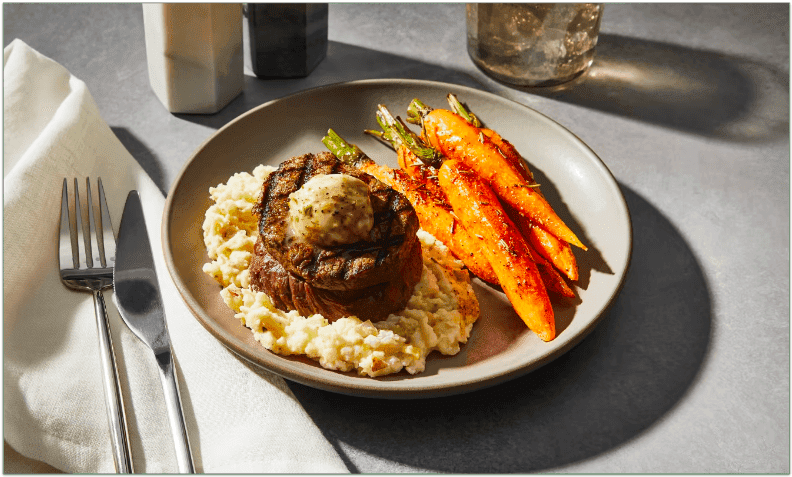 Truffle Butter Filet Mignon with Potato-Leek Mash & Roasted Carrots (550 calories)