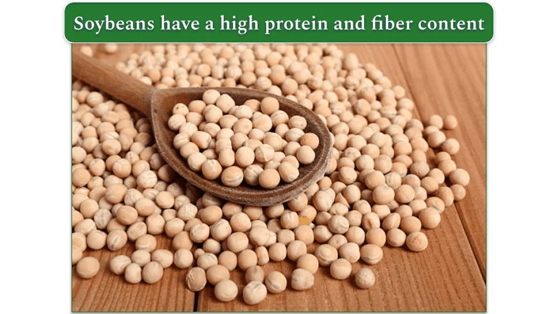Soybeans in a wooden counter with a wooden spoon on top with soy beans in it