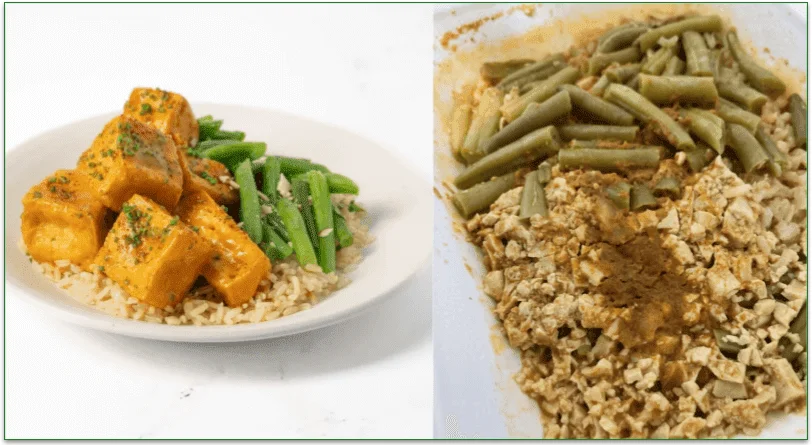 Image of Trifecta's stock photo for the BBQ Tofu dish next to a photo of the same dish microwaved in a tray that doesn't match the stock image