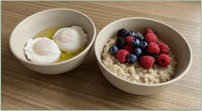 A bowl of oatmeal, mixed berries, and poached eggs.