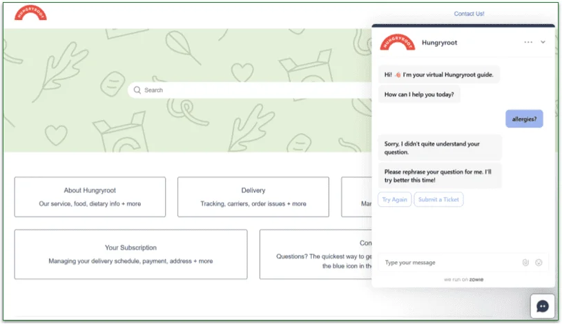 Hungryroot's FAQ page and chatbot chat
