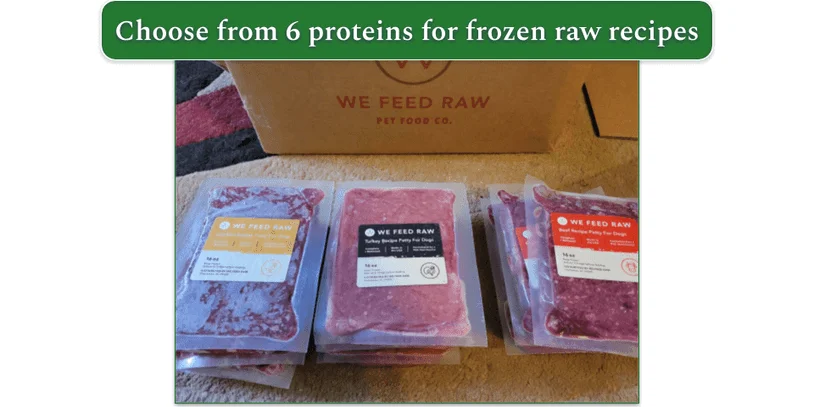 Three stacks of frozen We Feed Raw recipes