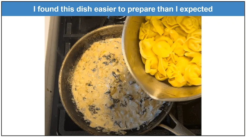 Photo of a pan of tortellini pasta being poured into a pan containing the simmering sauce