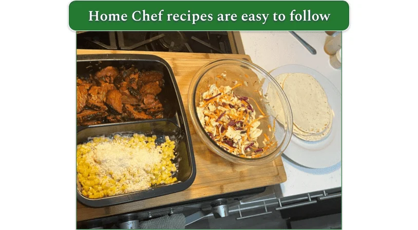 Various taco components from Home Chef set up in an assembly line