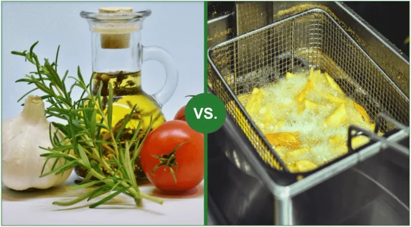 Two uses for cooking oil: on the left for salads and healthy foods, and on the right for deep frying