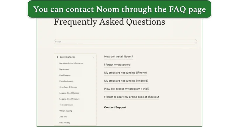 Noom's FAQ page with a Contact Support option