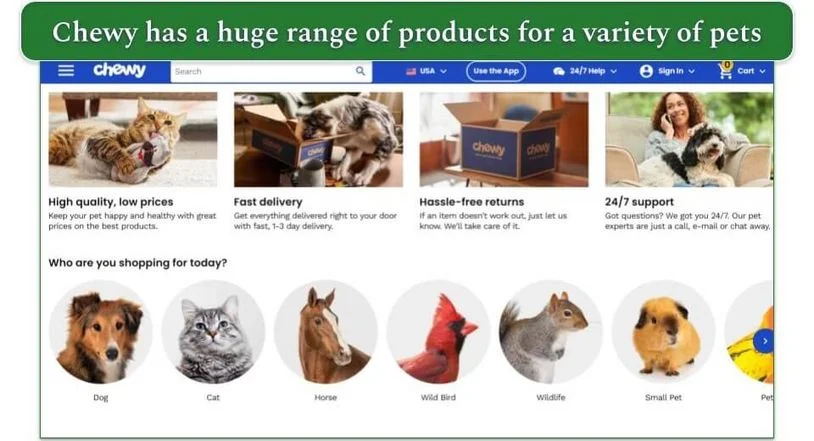 Chewy's homepage listing a variety of different pets