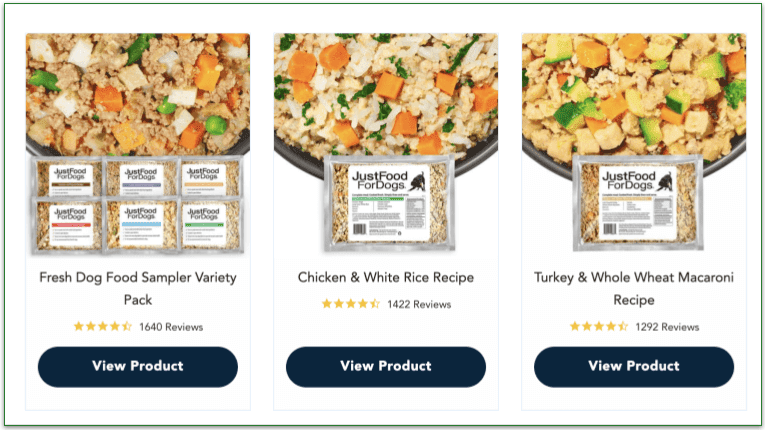 Screenshot of 3 JustFoodForDogs products