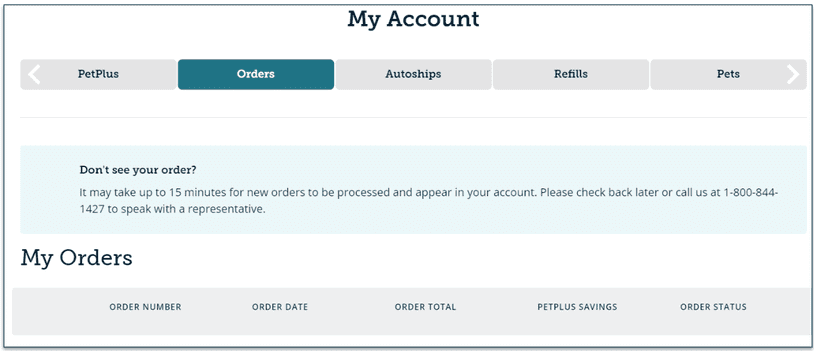 Screenshot of My Account screen on PetCareRx
