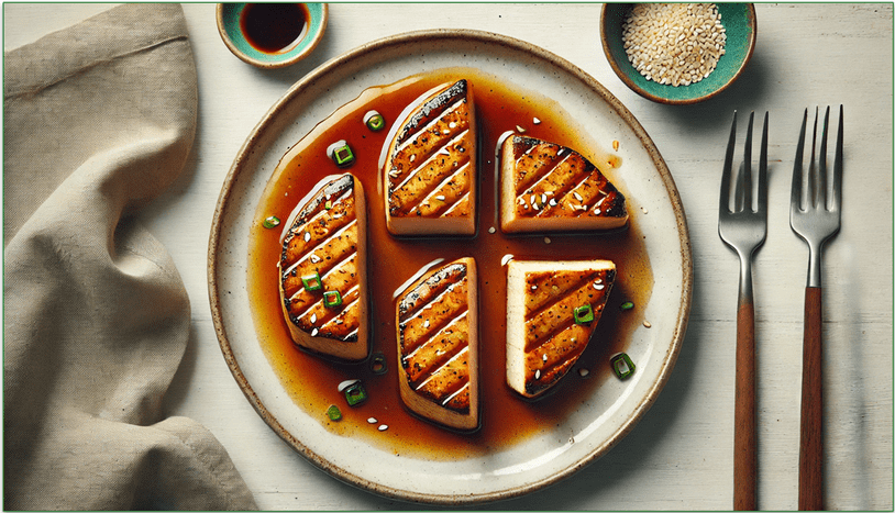 Image showing swordfish on a plate with a sauce of soy sauce, mirin, miso paste, sesame oil and rice vinegar with minced garlic and ginger