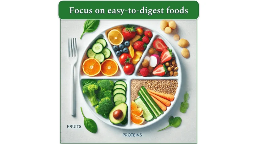 Image of a plate featuring veggies, fruits, grains, leafy greens, and so on